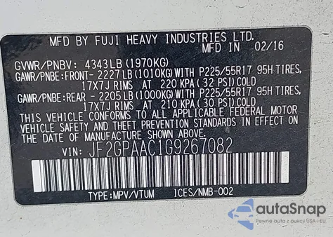 2016 Subaru Crosstrek 2.0I z USA, uszkodzony, nr VIN JF2GPAAC1G9267082